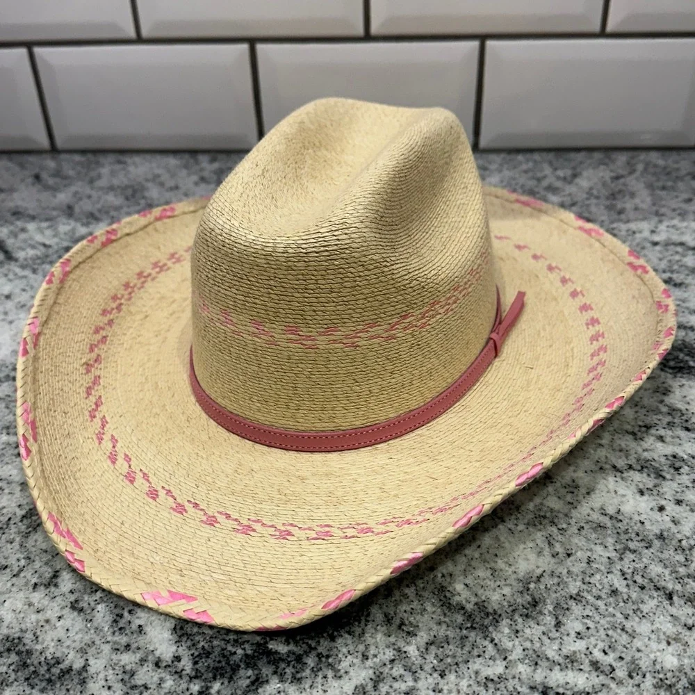 Atwood Kids XS/Small Cowboy Hat Tan Pink Whipstitch Straw Western Cowgirl Rodeo